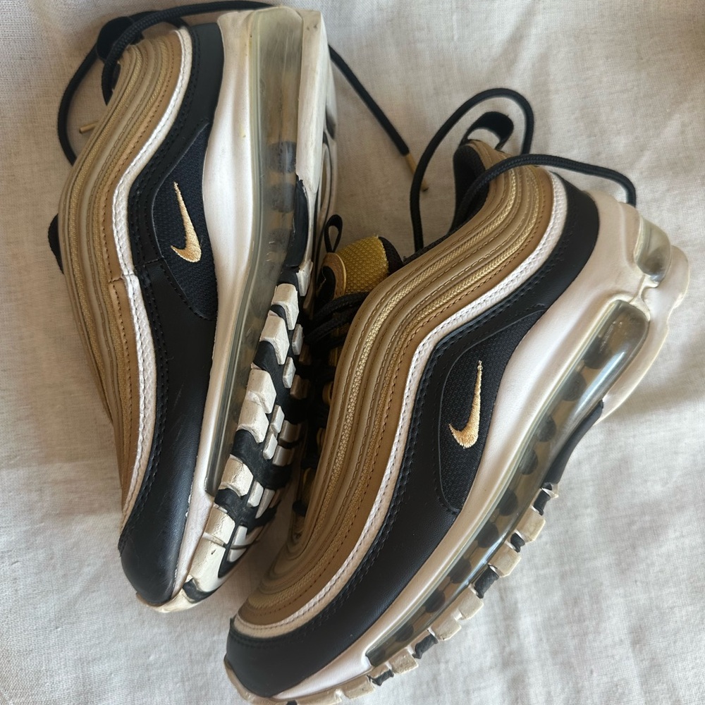 Nike Air Max 97 in a black, gold, and white colorway. Size 3.5 kids